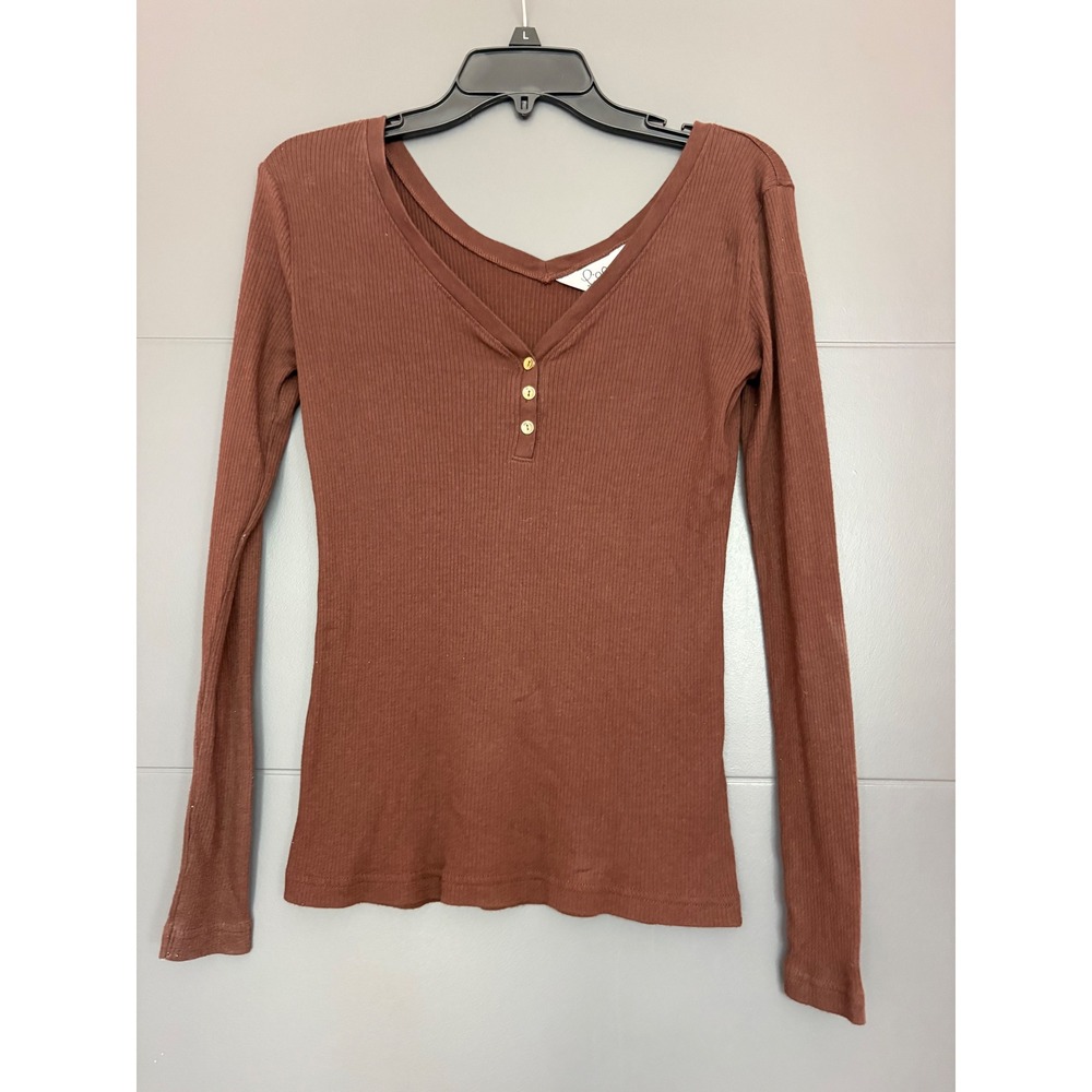 Lilly Pulitzer Brown Ribbed Henley Top Long Sleeve Pima Cotton Modal Womens M